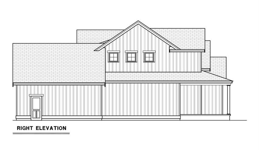 Right elevation sketch of the 3-bedroom single-story contemporary farmhouse.