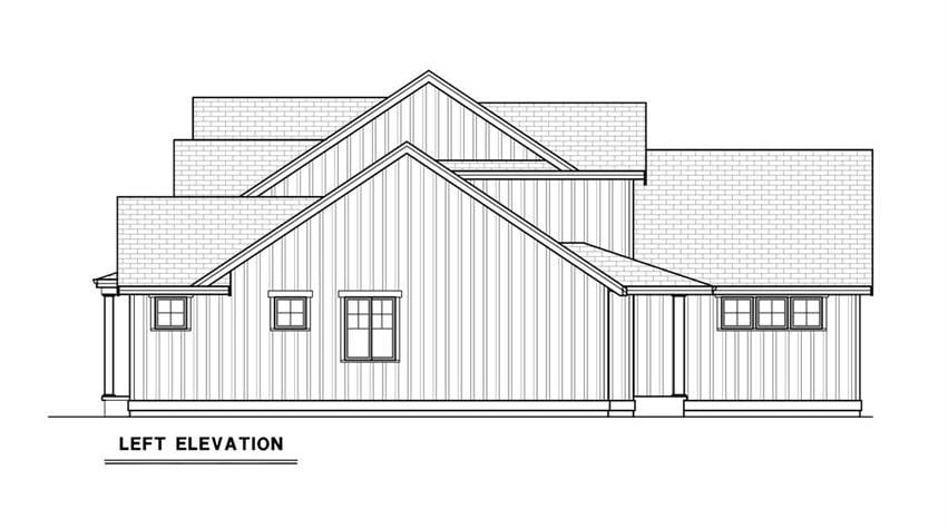 Left elevation sketch of the 3-bedroom single-story contemporary farmhouse.