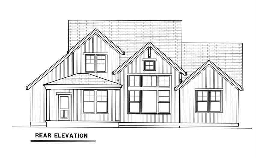 Rear elevation sketch of the 3-bedroom single-story contemporary farmhouse.
