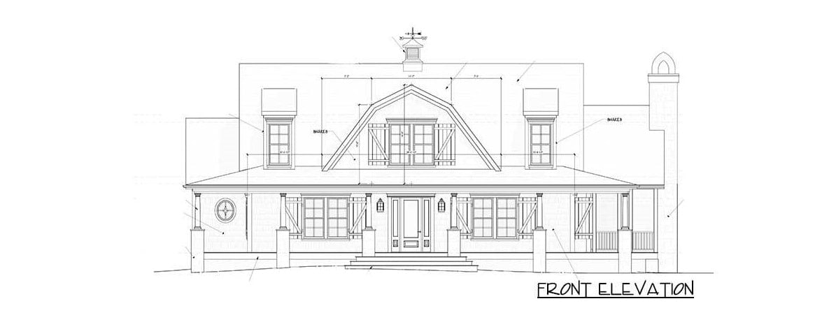 Front elevation sketch of the 3-bedroom two-story country home.