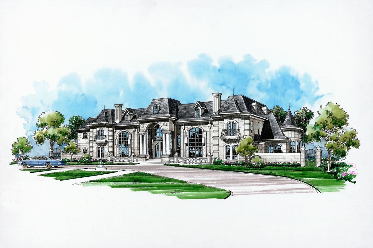 Perspective sketch of the 6-bedroom two-story European home.