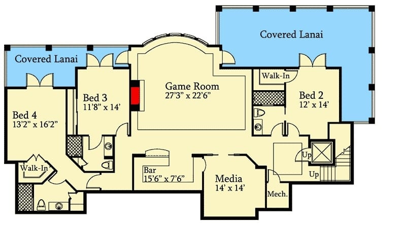 Basement floor plan with two bedrooms, a media room, and a game room with a wet bar.