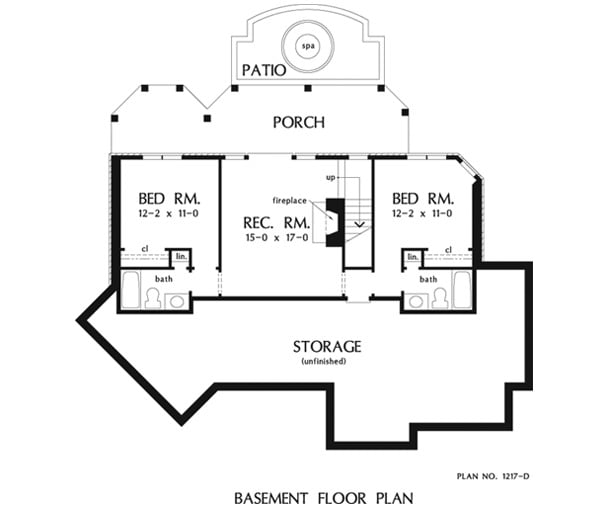 Basement floor plan with two bedrooms, and a recreation room that opens out to the porch.