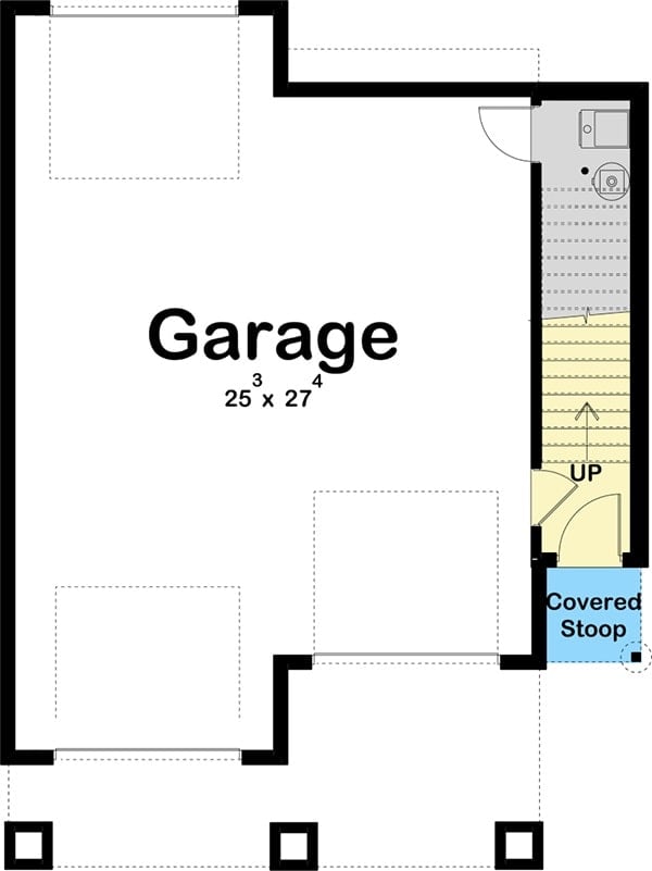 Main level floor plan of a 2-bedroom two-story modern mountain carriage home with a mechanical room and a double garage with a drive-through bay.