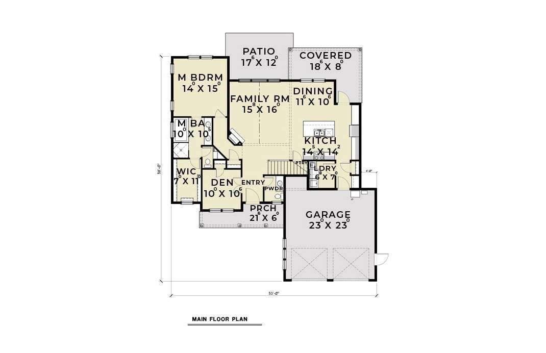 Main level floor plan of a 3-bedroom single-story contemporary farmhouse with den, family room, dining area, kitchen, primary suite, and lots of outdoor spaces.
