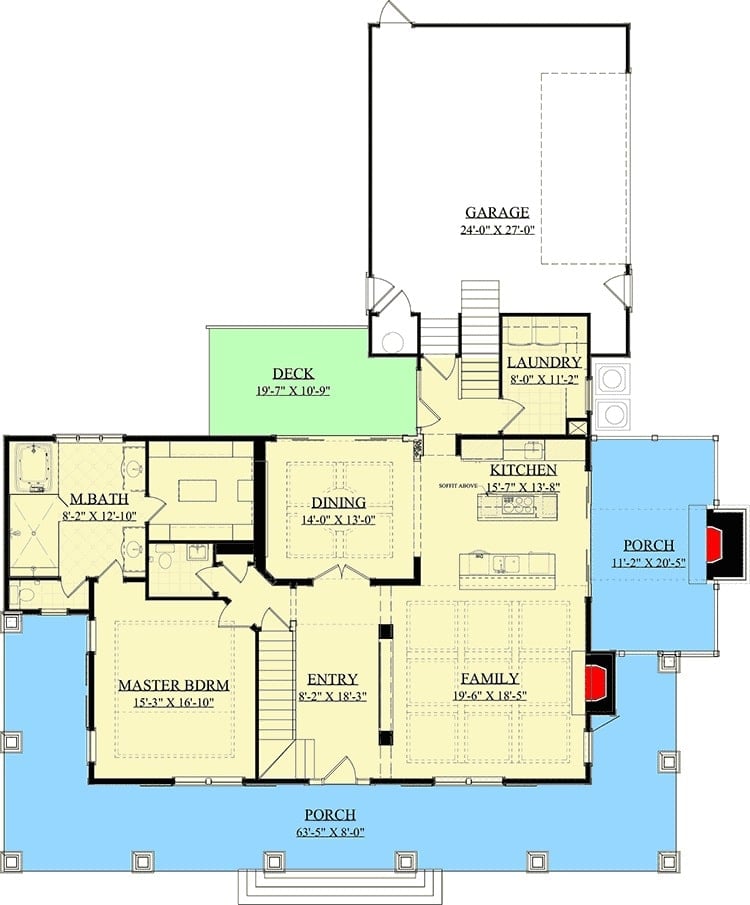 Main level floor plan of a 3-bedroom two-story country home with a wrap-around porch, primary suite, family room, laundry, kitchen, and formal dining room that opens to the rear deck.