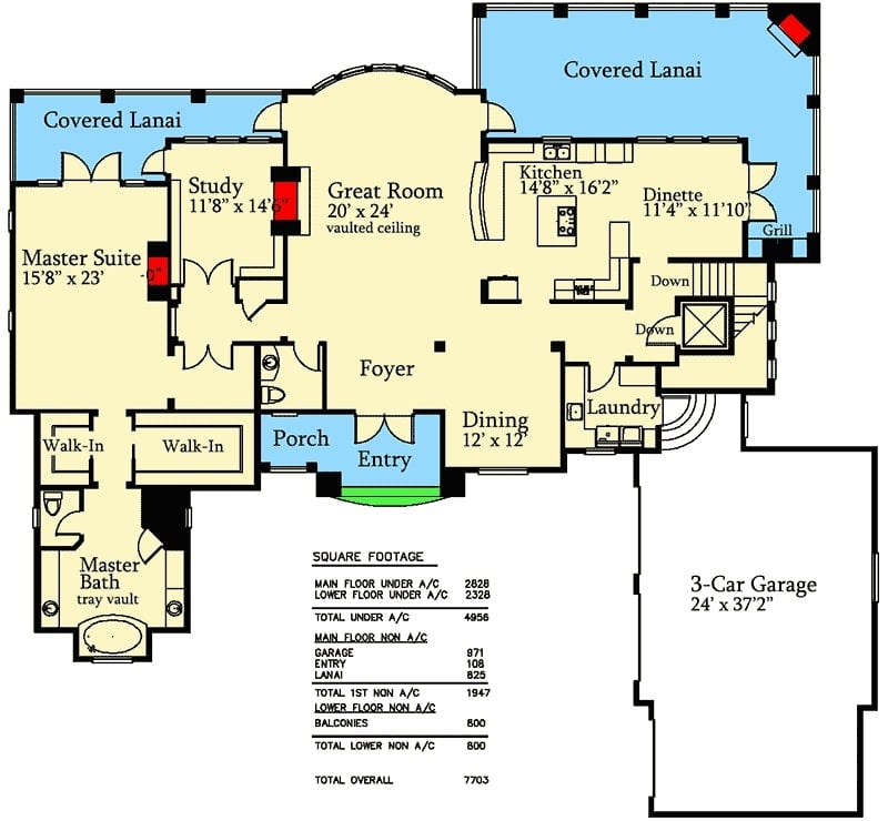 Main level floor plan of a 4-bedroom single-story mountain home with great room, dining area, kitchen with dinette, study, and a primary suite with lanai access.