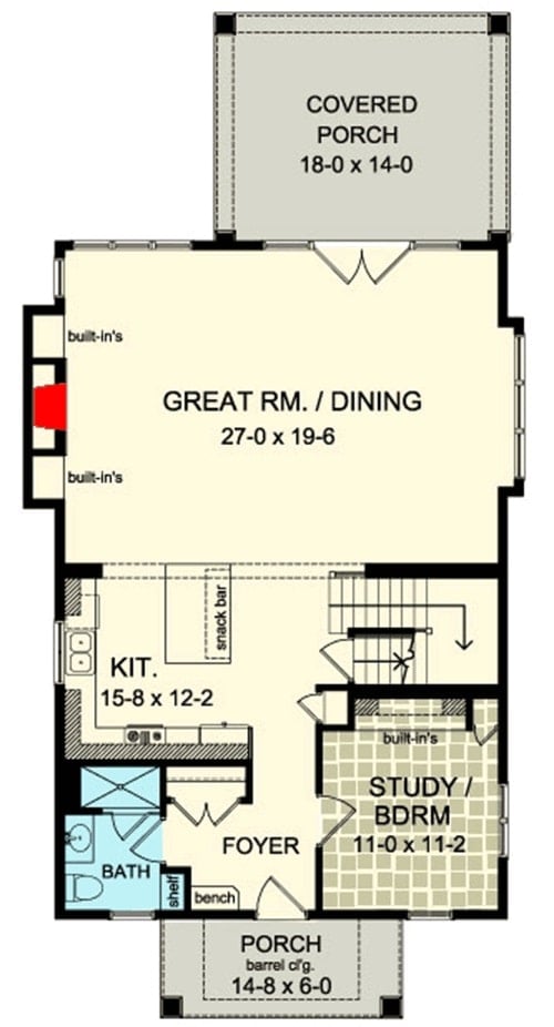 Main level floor plan of a 4- bedroom two-story country cottage home with foyer, flexible study/bedroom, kitchen, and a shared dining and great room that opens to the back porch.