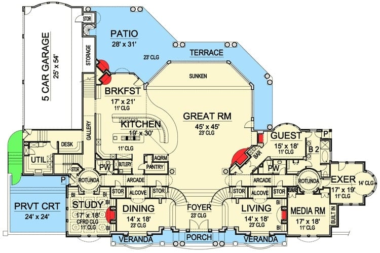 Main level floor plan of a 6-bedroom two-story European home with great room, living room, media room, exercise room, guest bedroom, formal dining area, study, and kitchen with a breakfast nook that opens to the rear patio.