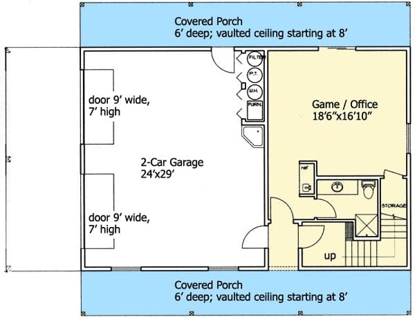 Main level floor plan of a two-story 2-bedroom carriage home with covered porches, 2-car garage, and a versatile game/office with a bath and storage space.