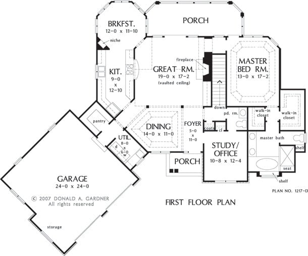 Main level floor plan of a two-story 3-bedroom The Hammond Hill rustic home with angled garage, formal dining room, study/office, primary bedroom, great room that opens to the back porch, and kitchen with breakfast nook.