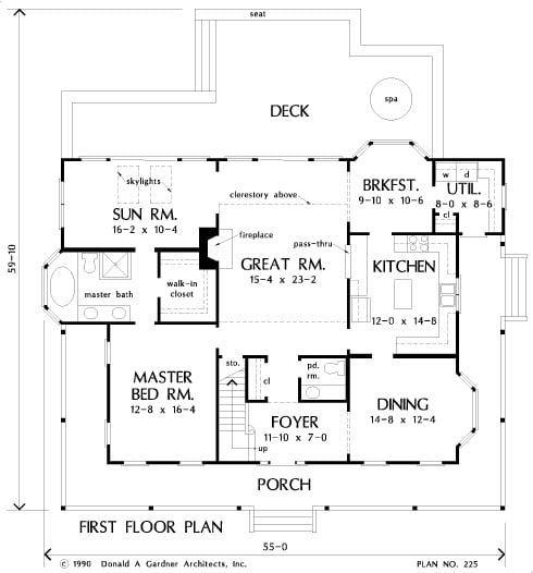 Main level floor plan of a two-story 4-bedroom The Riverbend farmhouse with a wrap-around porch, foyer, formal dining room, kitchen, great room, and primary suite with a sunroom.