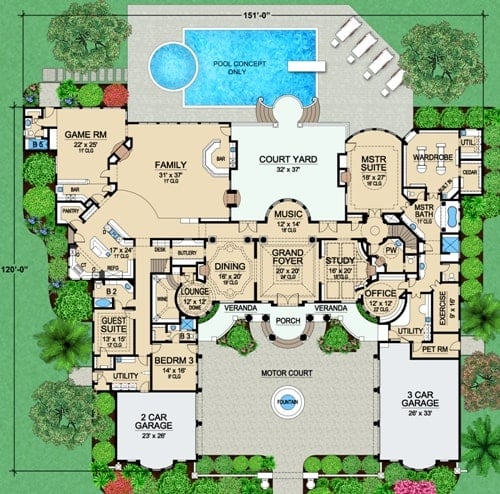Main level floor plan of a two-story 4-bedroom Vaquero Mediterranean home with two garages, grand foyer, music room, formal dining room, lounge area, study, office, exercise room, game room, three bedrooms, and plenty of outdoor spaces.