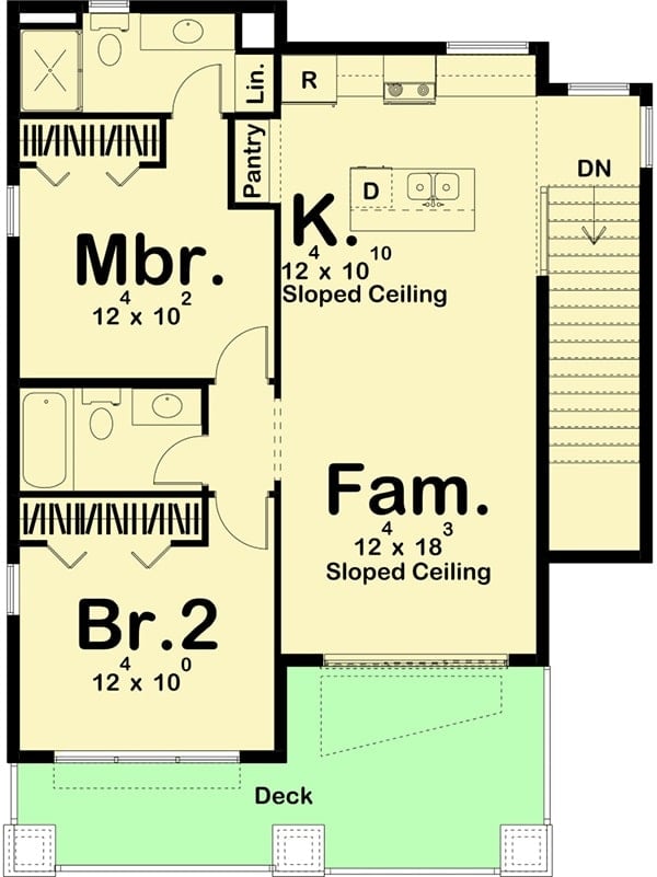Second level floor plan with two bedrooms, a kitchen, and a family room that opens to the wide deck.