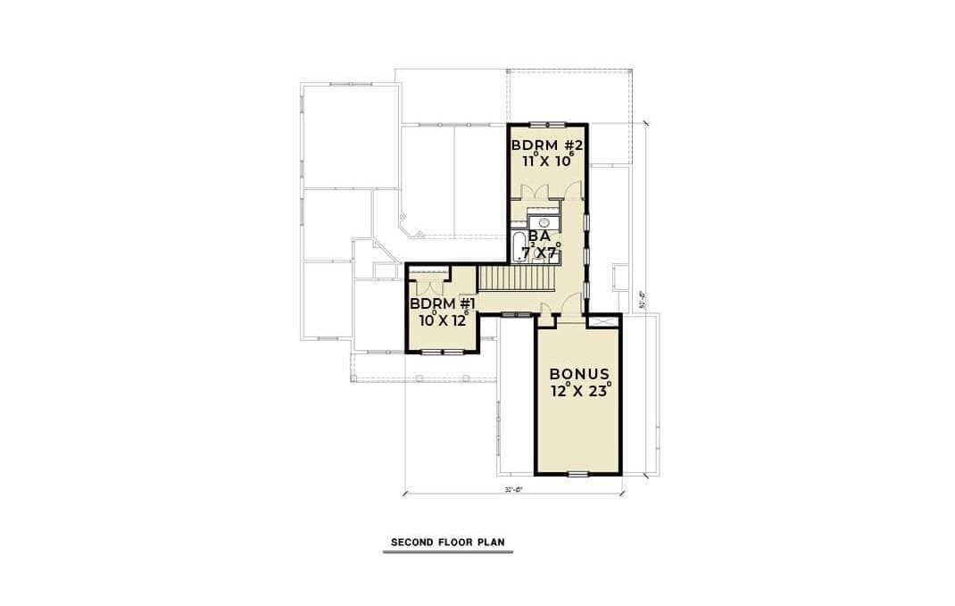 Second level floor plan with two bedrooms and a bonus room.