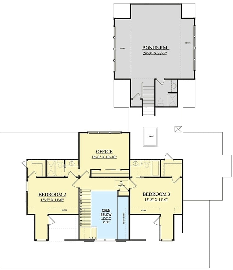 Second level floor plan with two bedrooms, an office, and a separate bonus room above the garage.