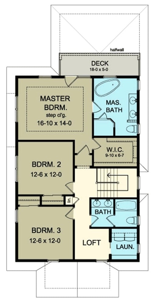 Second level floor plan with a loft, laundry, two bedrooms, and a primary suite with a private deck.