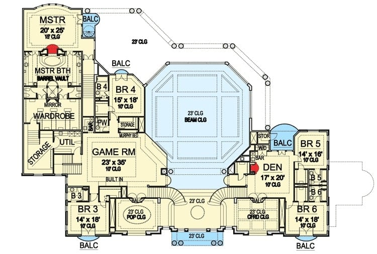Second level floor plan with game room, den, and 5 bedrooms, all with their own baths and balconies.