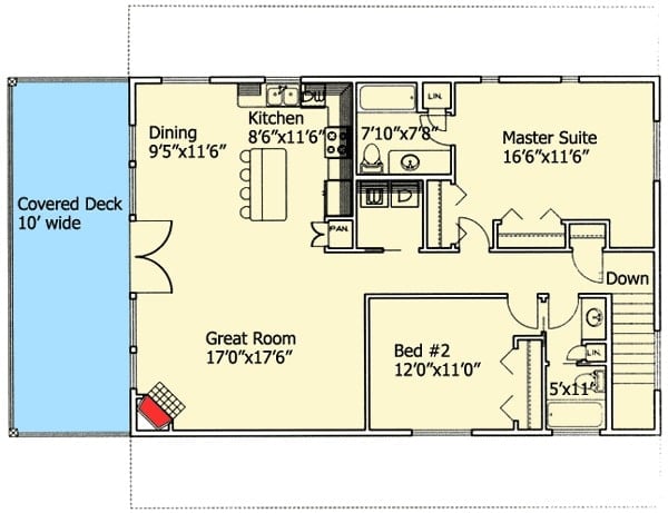 Second level floor plan with two bedrooms, a hall bath, kitchen, dining area, and a great room that opens to the covered deck.