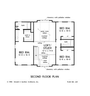 Second level floor plan with three bedrooms and a loft that doubles as a study.