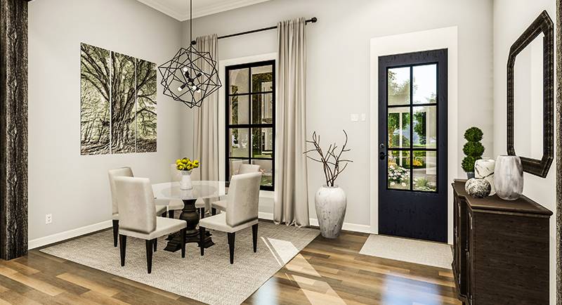 Foyer and dining room with dark wood console table, round dining set, geometric chandelier, and multipanel artwork adorning the gray wall.