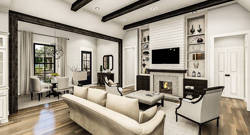 Beamed ceiling tops the living room while dark wood trims define the dining area on the side.