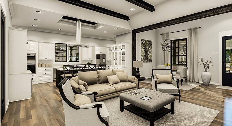 An open layout view showing the dining area, living room, and kitchen.