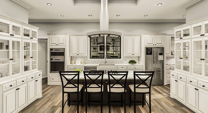 Kitchen equipped with white and glass front cabinets, stainless steel appliances, marble countertops, and a breakfast island.