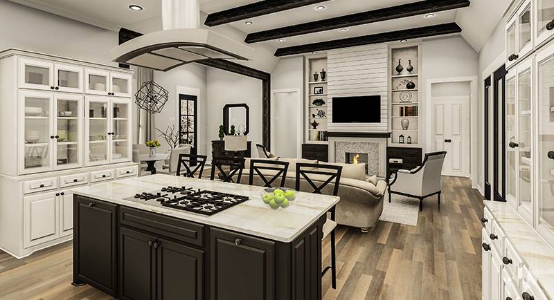 The center island is fitted with a built-in cooktop that's paired with a sleek vent hood.