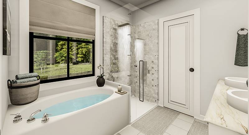The primary bathroom offers a walk-in shower and a drop-in bathtub placed under the black aluminum-framed window.