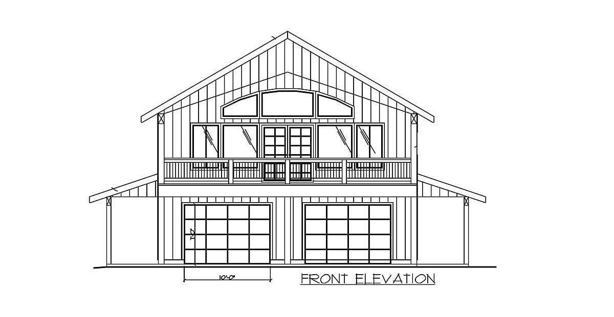 Front elevation sketch of the two-story 2-bedroom carriage home.