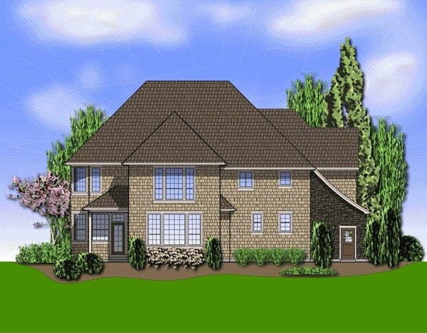 Rear rendering of the two-story 4-bedroom French country Cramlington home.