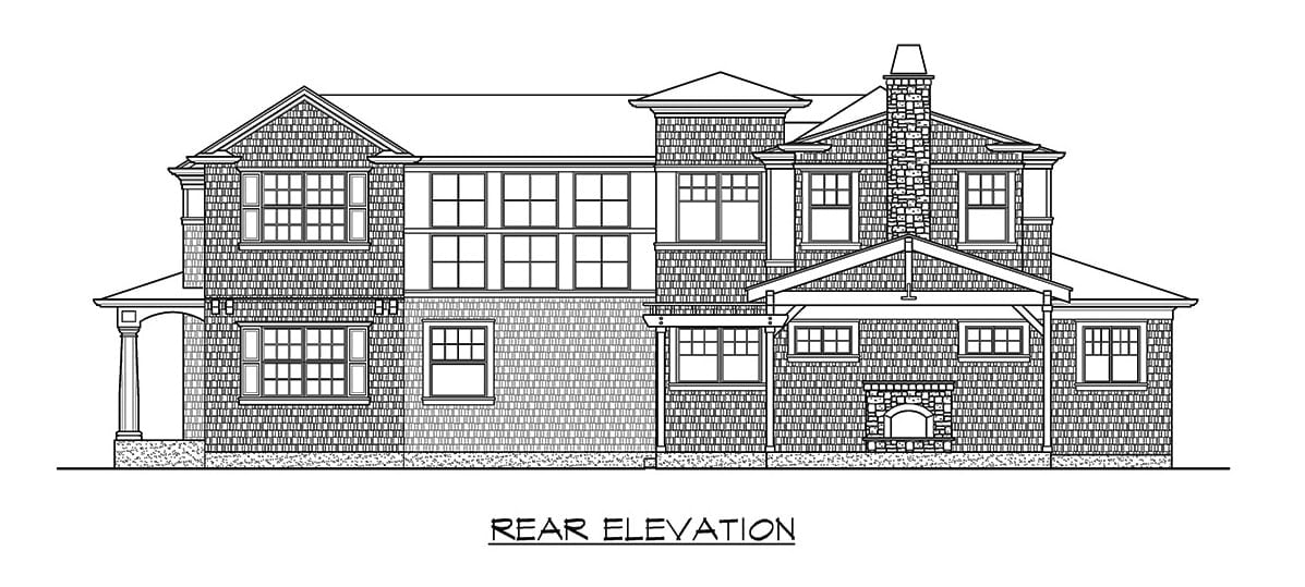 Rear elevation sketch of the two-story 4-bedroom Shingle-style home.