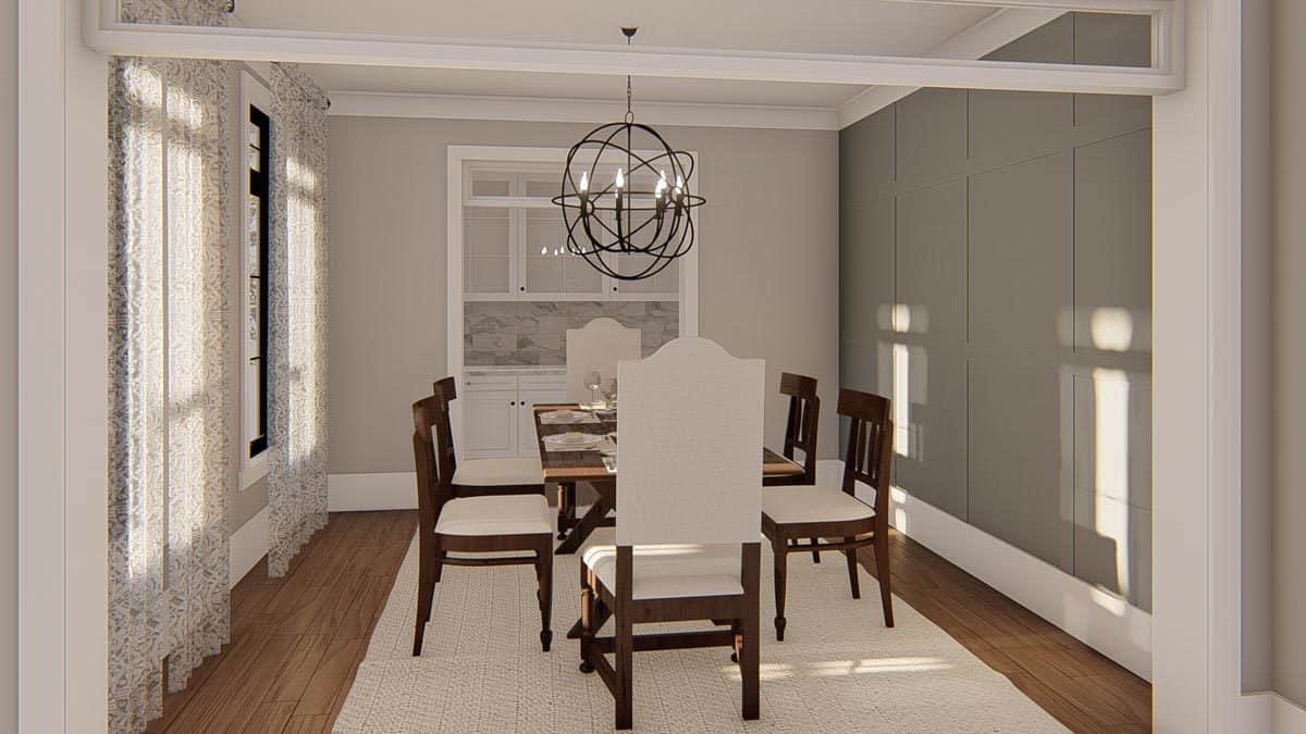 The formal dining room gas a spherical chandelier, a wooden dining table, and cushioned chairs sitting on a textured area rug.