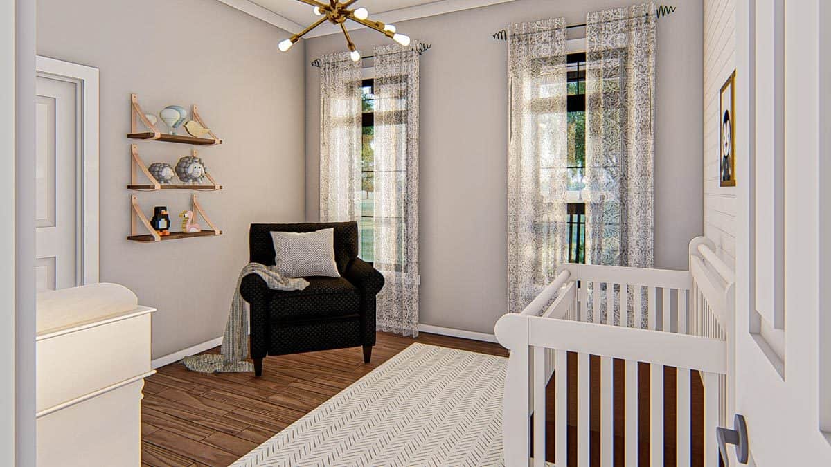 Nursery room with a white crib, black armchair, floating shelves, and a sputnik chandelier.