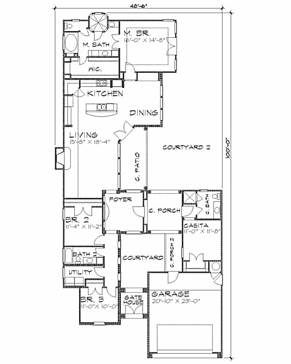4 yatak odalı tek katlı İspanyol tarzının tüm kat planı Bir kapılı ev, garaj, casita, oturma odası, mutfak, yemek alanı, üç yatak odası, malzeme odası ve geniş avluları olan Posada evi.
