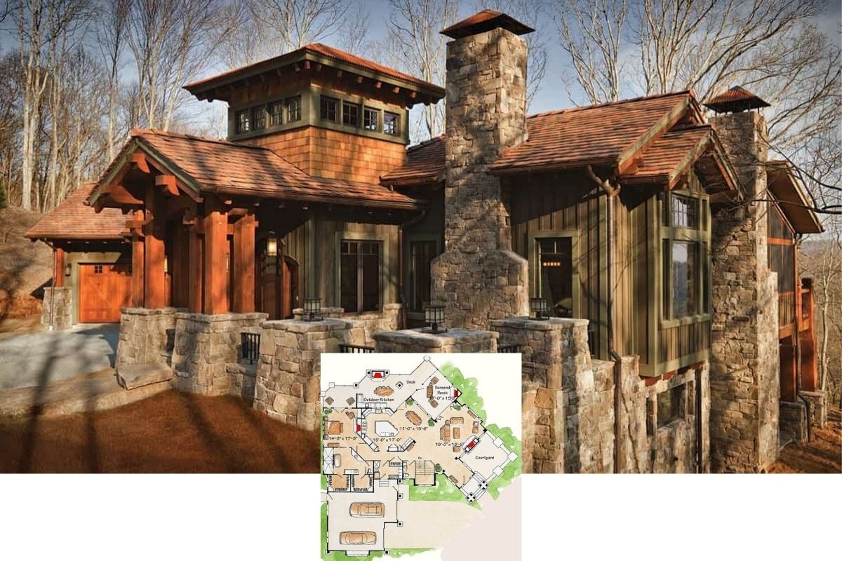 Peek Inside this Inredible 4-Bedroom Rustic Home Plan with a Tower Feature and Gorgeous Woodwork Throughout (Floor Plan)