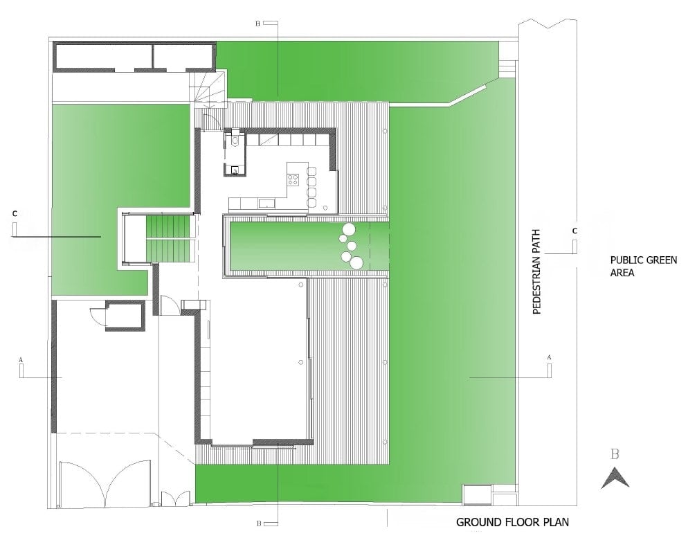 This is the floor plan for the ground floor showcasing various outdoor areas and the interior is marked.