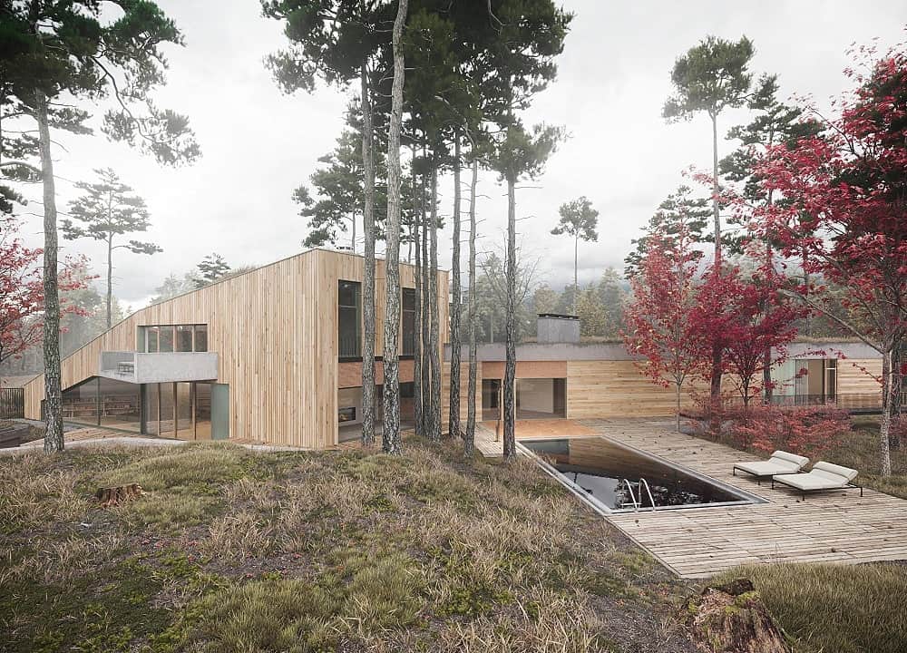 This is the back of the house with a backyard pool surrounded by wooden walkways that match the exterior walls of the house adorned with colorful tall trees.