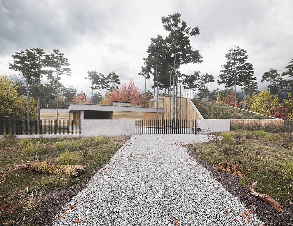 This is the far-off view of the house with a wide graveled driveway leading a set of black thin wrought-iron gate that matches with the fences surrounding the property.