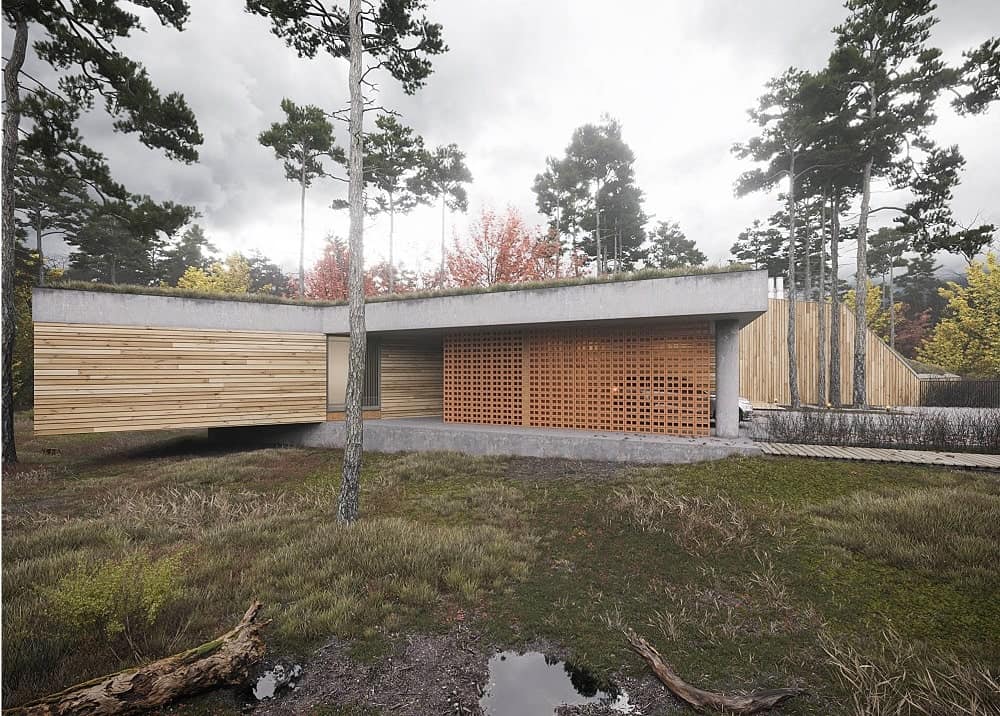 This is the side of the garage with wooden panels that allow air flow supported by a large concrete structure that extends to the rest of the house.