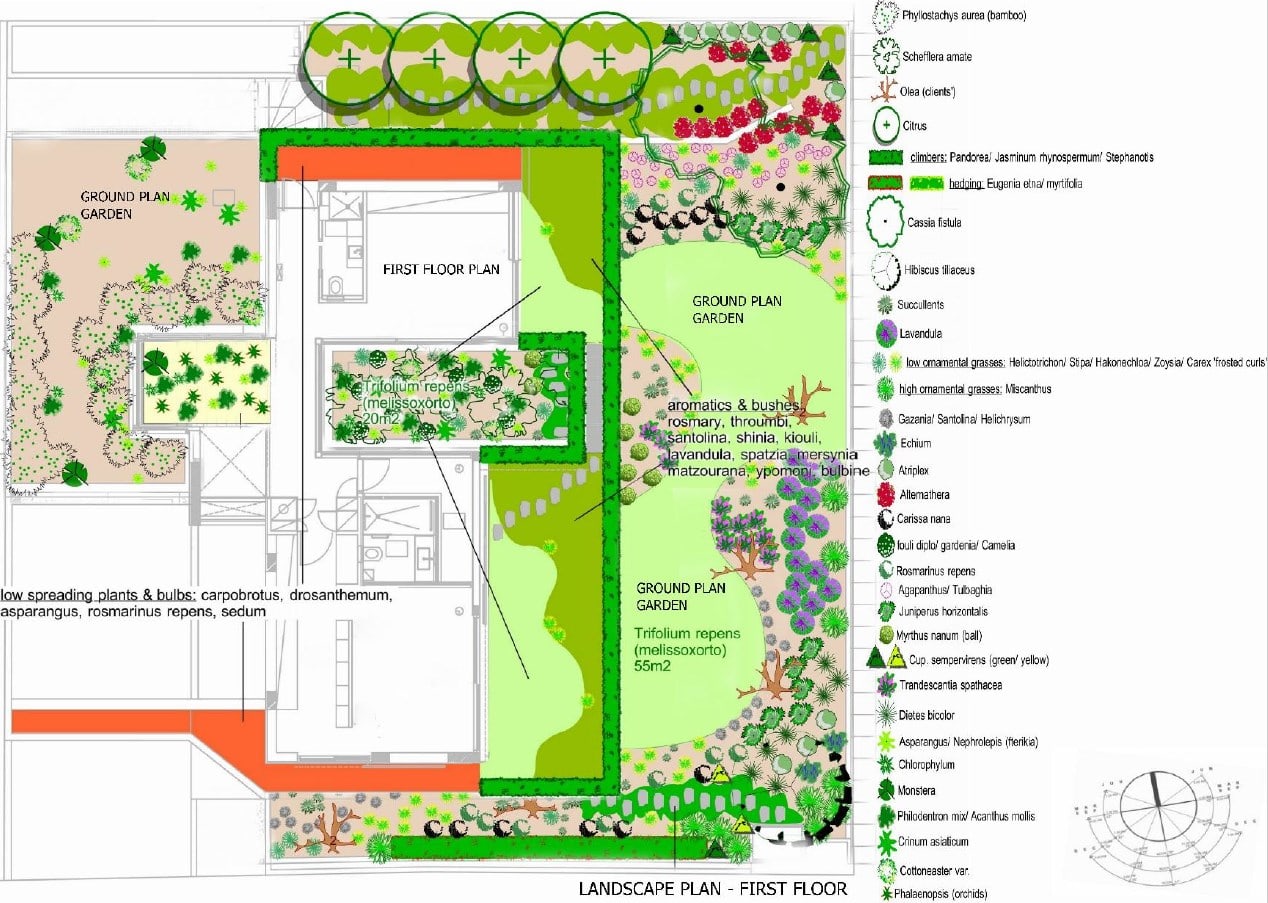 This is an illustration of the landscape plan with labels for the different plants and structures of the landscape.