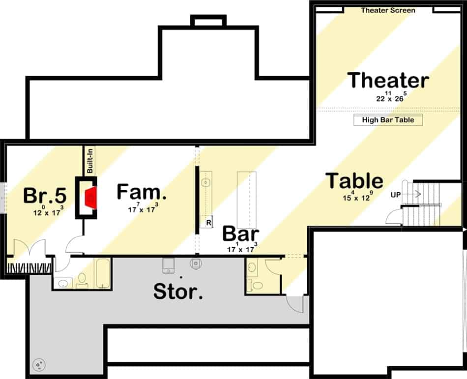 Lower floor plan with a guest bedroom, family room, home theater, and a bar.