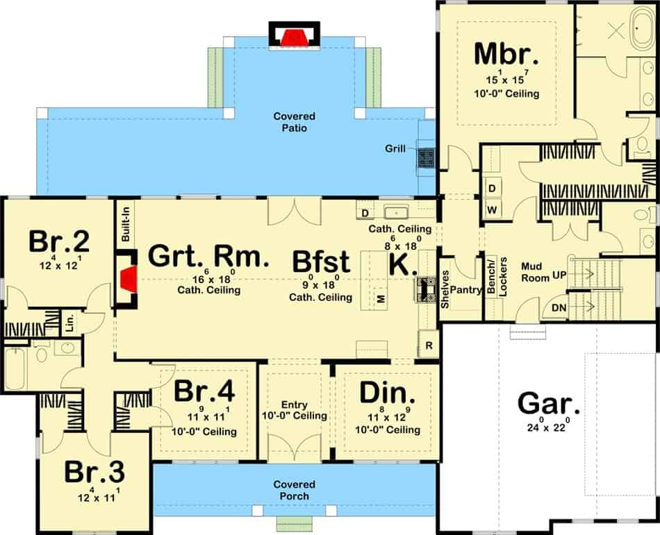 Main level floor plan of a two-story 6-bedroom modern farmhouse with front and rear porches, great room, breakfast area, kitchen, formal dining room, and four bedrooms including the primary suite.