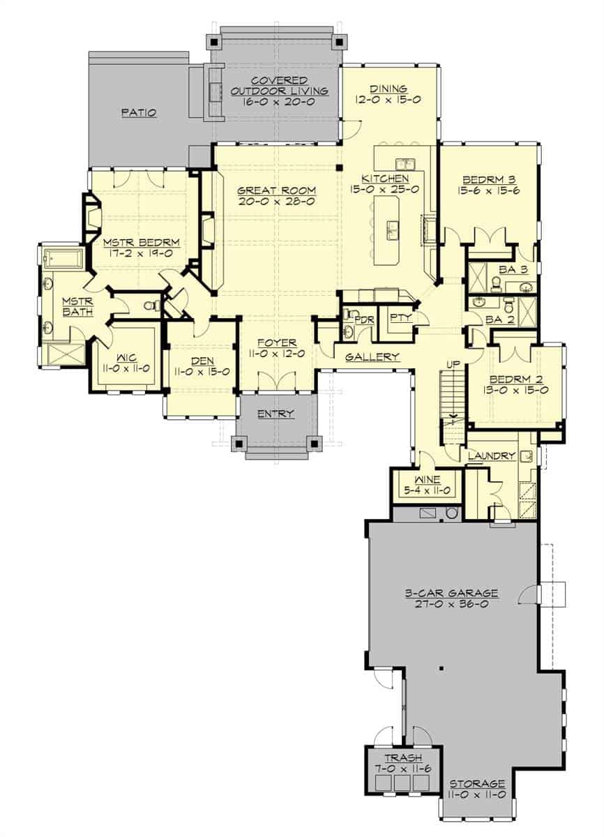 Main level floor plan of a two-story 4-bedroom craftsman style home with great room, kitchen, dining area, wine cellar, laundry room, and three bedrooms including the primary suite that has private access to the rear patio.