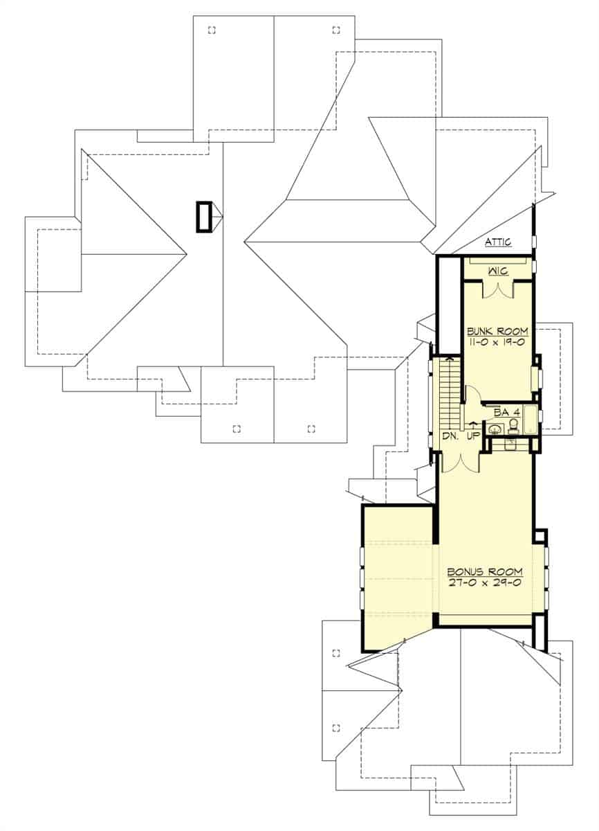 Second level floor plan with a massive bonus room and a bunk room.