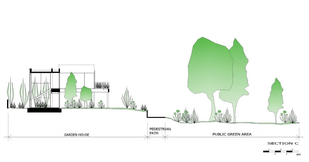 This is an illustration of the side elevation of the house along with the surrounding landscape.
