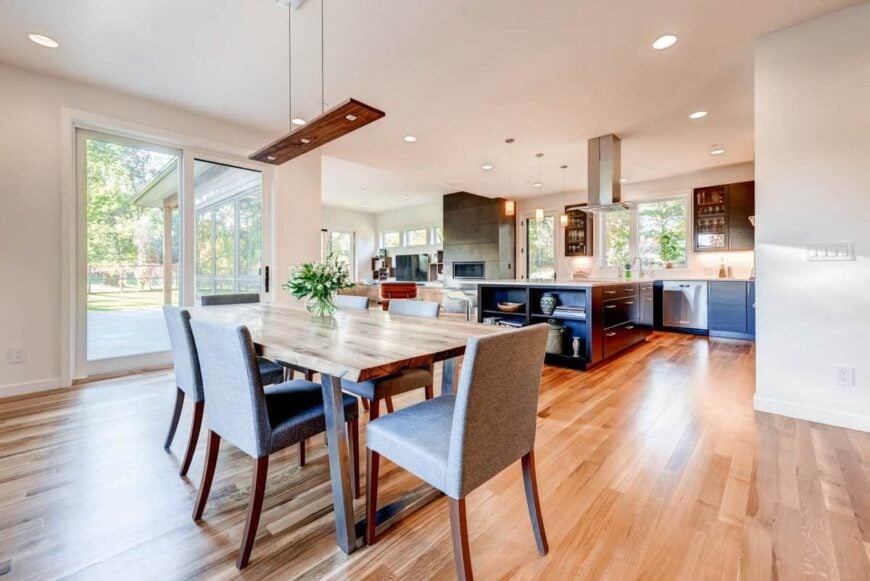 View of the kitchen and living room from the dining area.