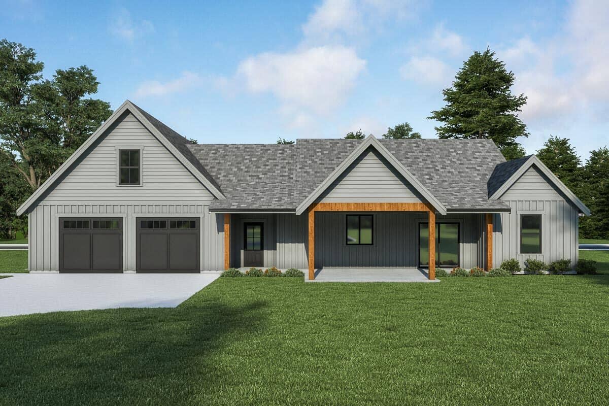 Rear rendering of the 3-bedroom two-story country craftsman home.