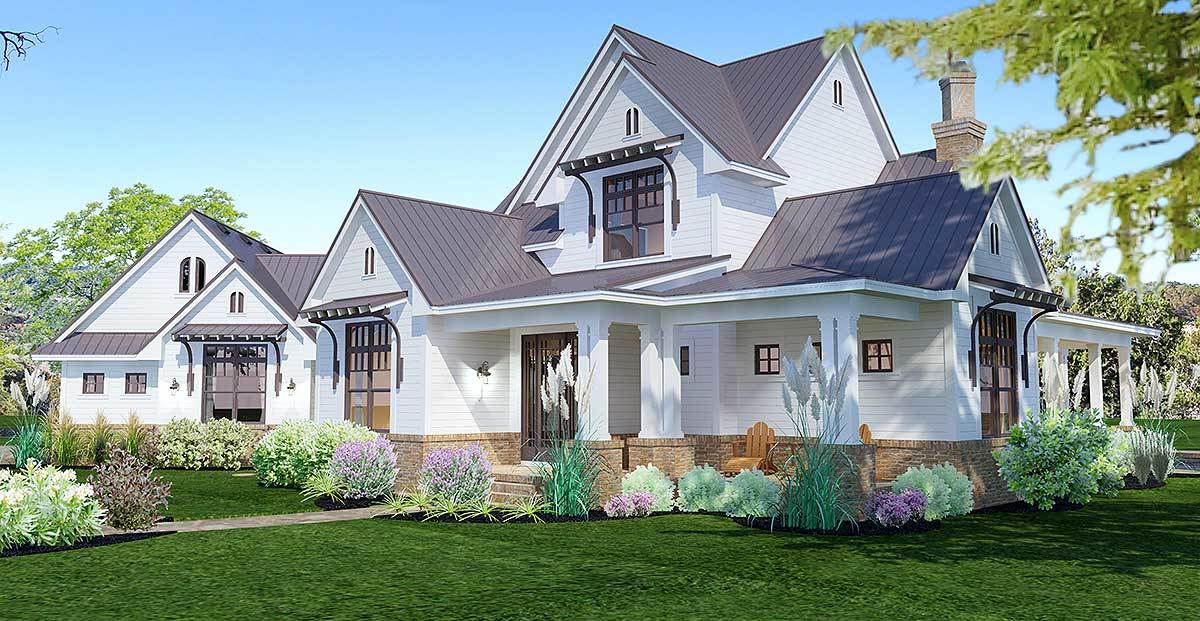 Right-front rendering of the 3-bedroom two-story farmhouse.